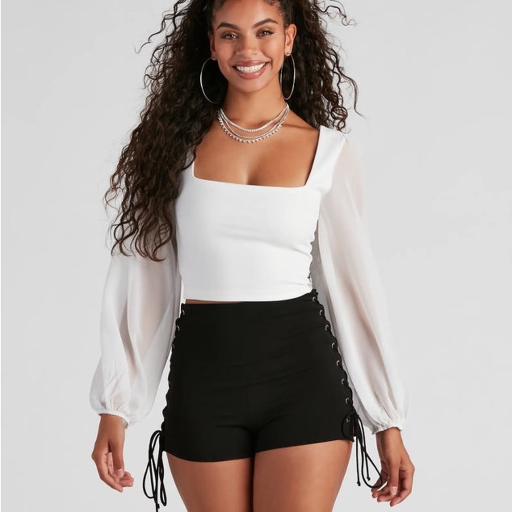 Windsor White Cropped Blouse with Chiffon Sleeves